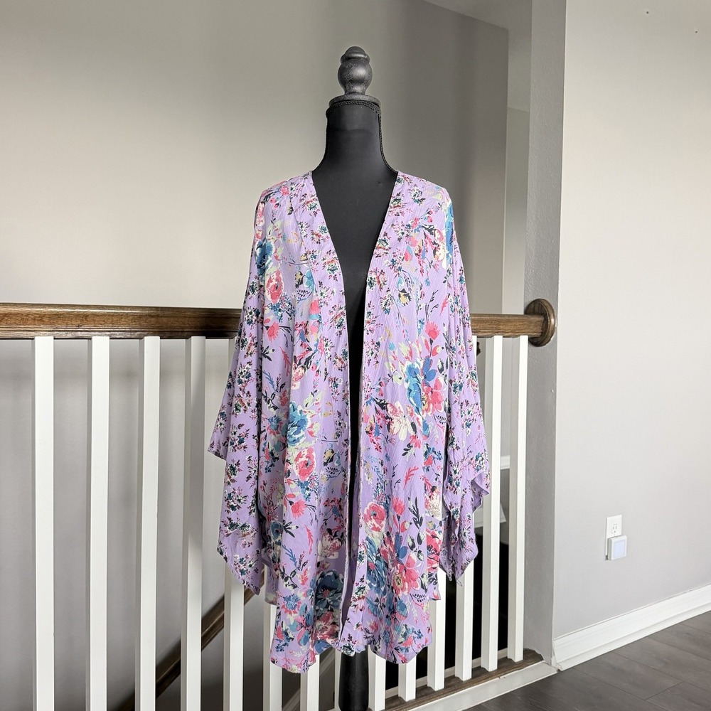 Angie NWT Kimono Patchwork Cardigan Large Purple Floral Boho Peasant Festival